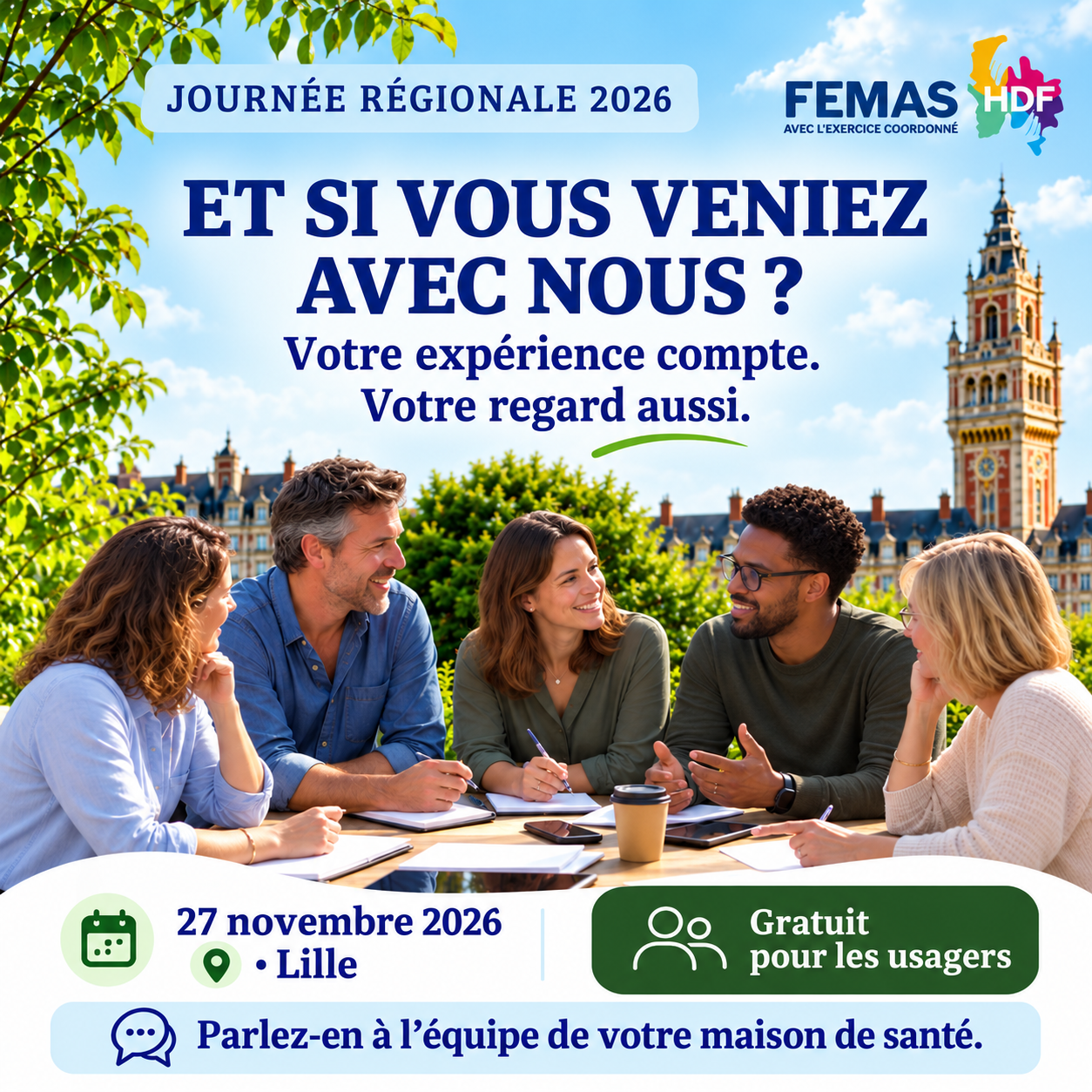 Visuel de la Journée régionale 2026 : cinq personnes échangent autour d’une table à Lille.
